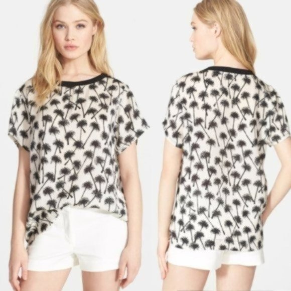 L'AGENCE Ivory Black Palm Tree Print Silk Blouse Short Sleeve Lightweight - Picture 1 of 7